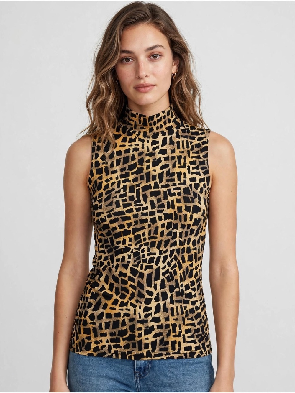 Sleeveless Mock Neck Animal-Print Camisole - Black & Tan